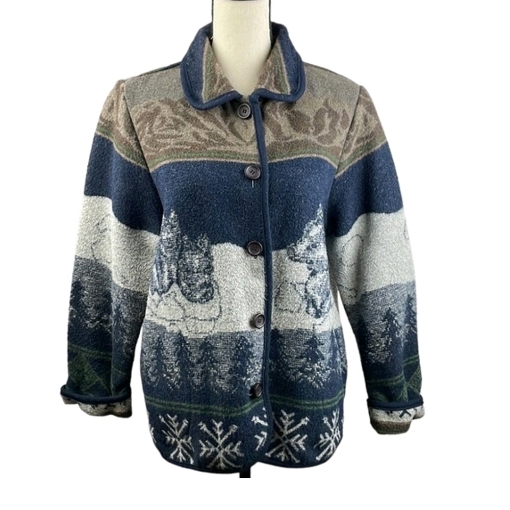 IVY Wool Blend Vintage Jacket Women SZ Large Made in USA Unique Wolves Deisign